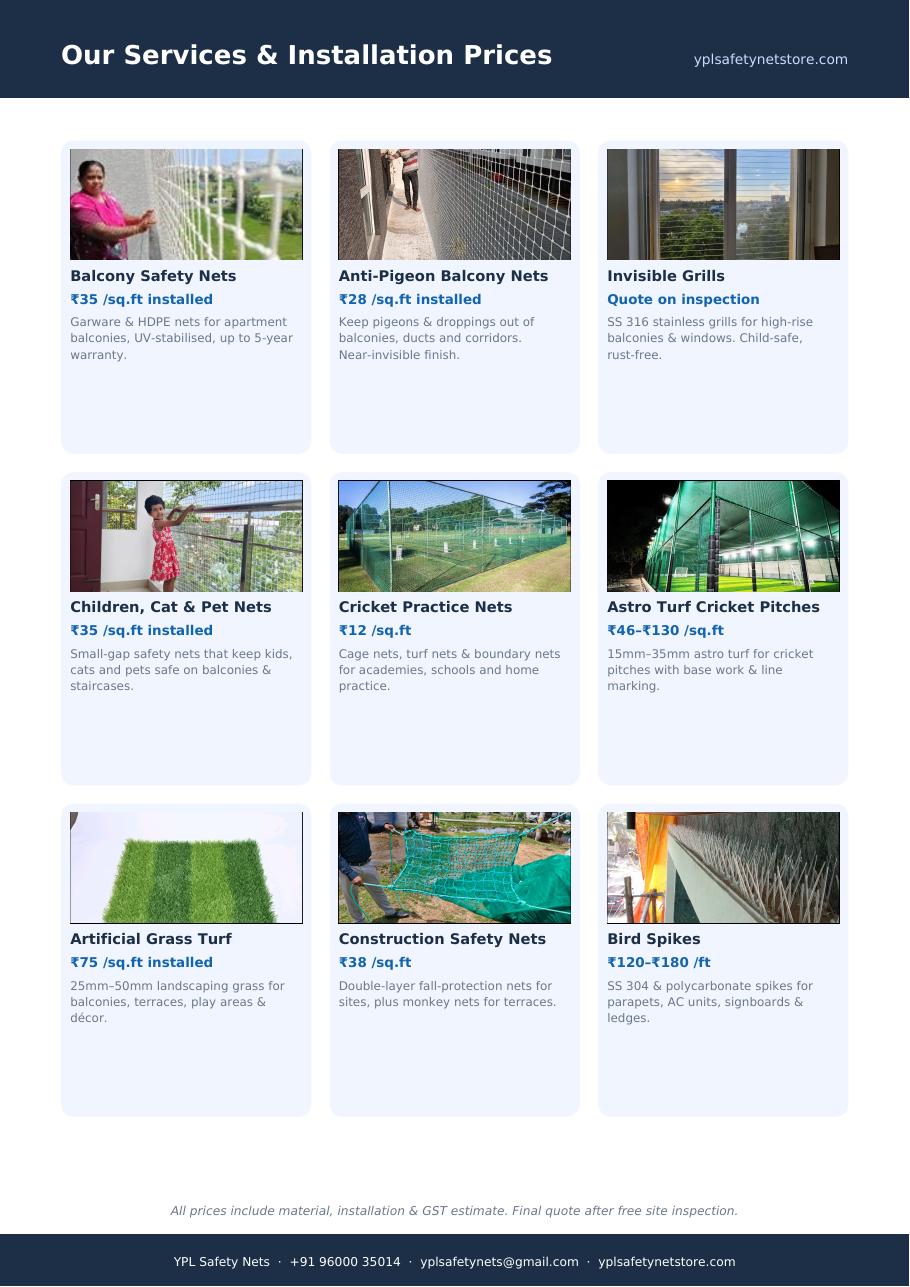 YPL Safety Nets brochure services and prices page — balcony nets ₹35/sq.ft, pigeon nets ₹28/sq.ft, cricket nets, astro turf, artificial grass and bird spikes