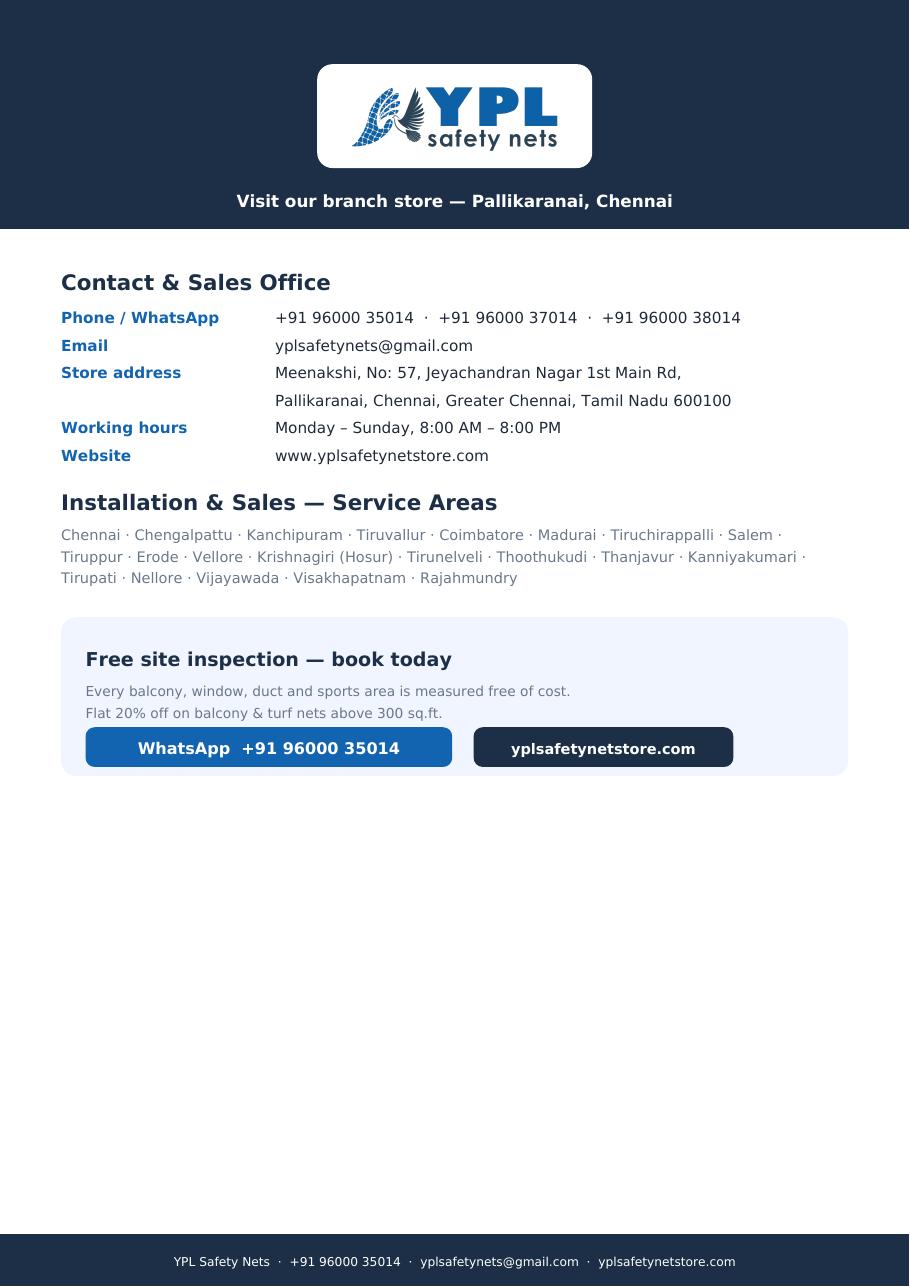 YPL Safety Nets brochure contact page — Pallikaranai store address, phone numbers and 21 service cities in Tamil Nadu and Andhra Pradesh