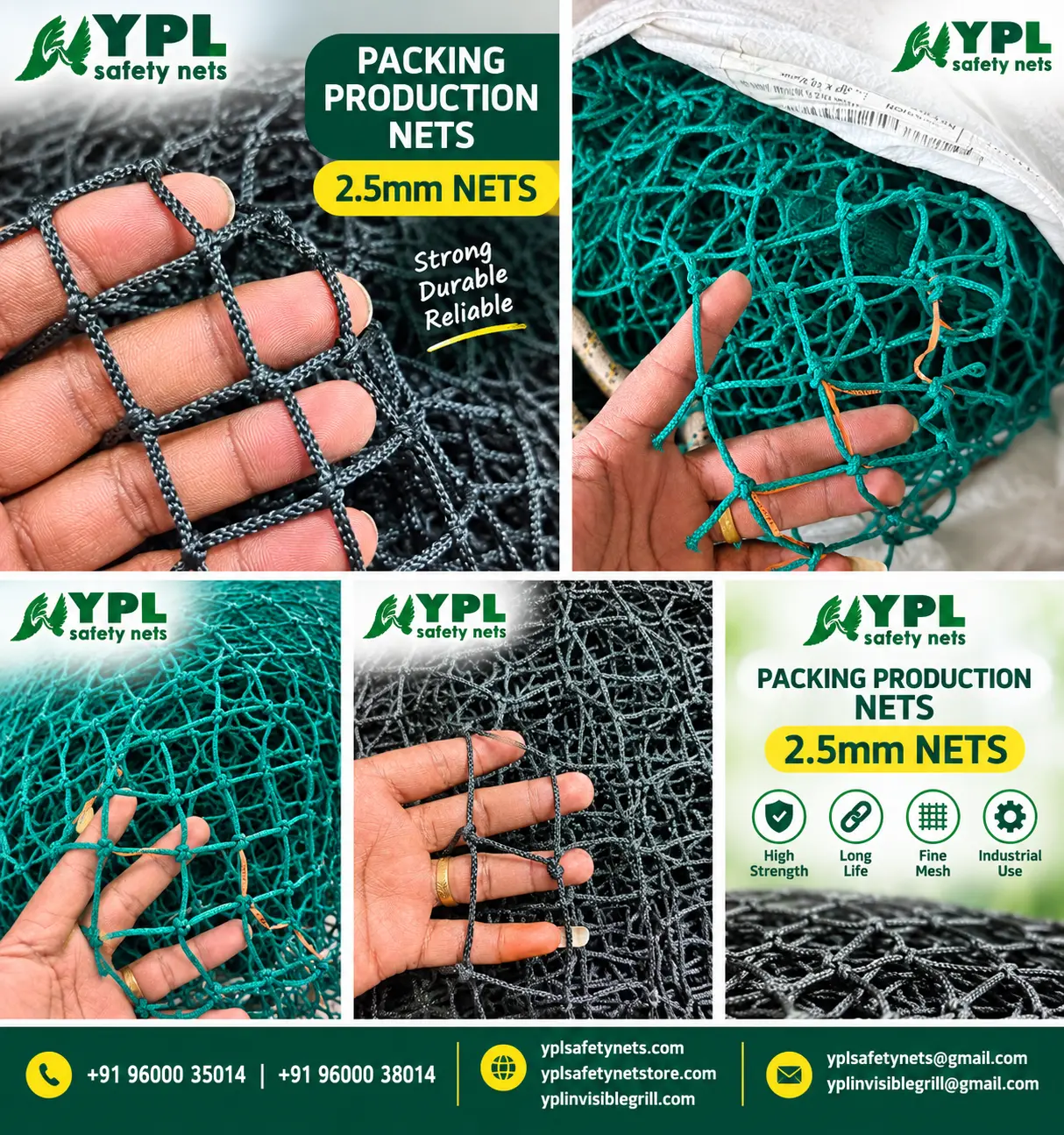 Black and green production-net mesh options for Packing nets Chennai by YPL Safety Nets Chennai. Black and green production-net mesh options for Packing nets Chennai by YPL Safety Nets Chennai.
