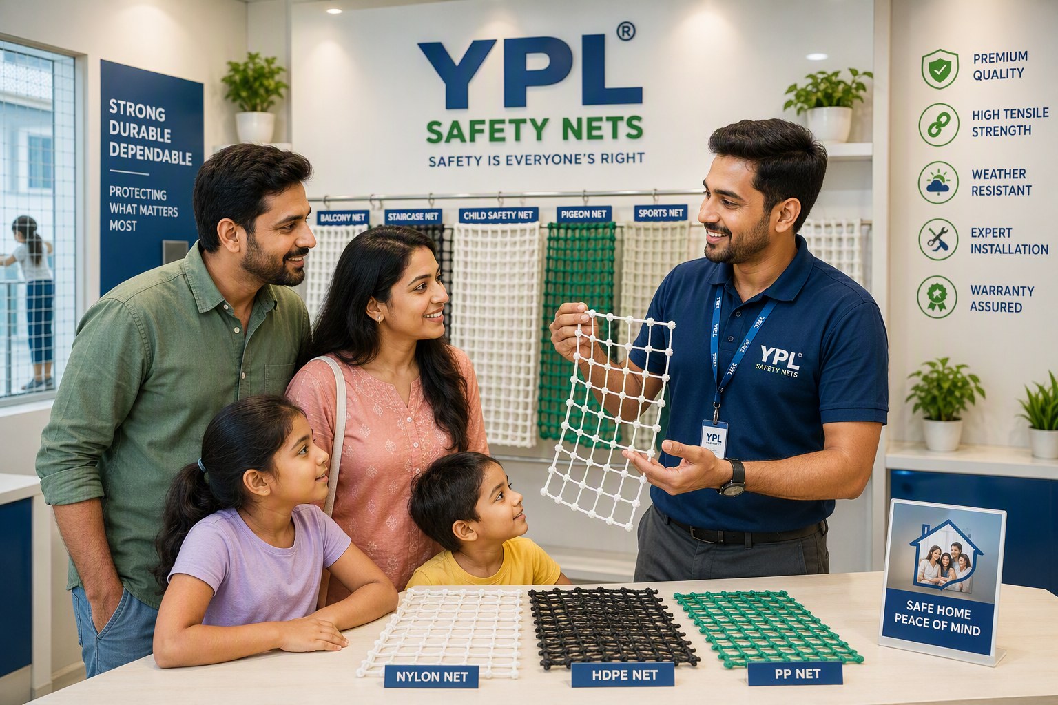 Family with a YPL Safety Nets expert at the Pallikaranai showroom choosing balcony, staircase and pigeon net samples — cover photo of the YPL brochure