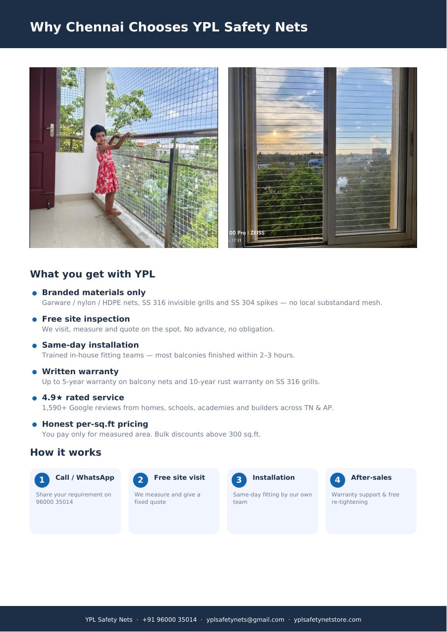 YPL Safety Nets brochure why choose us page — branded materials, free site inspection, same-day installation and written warranty