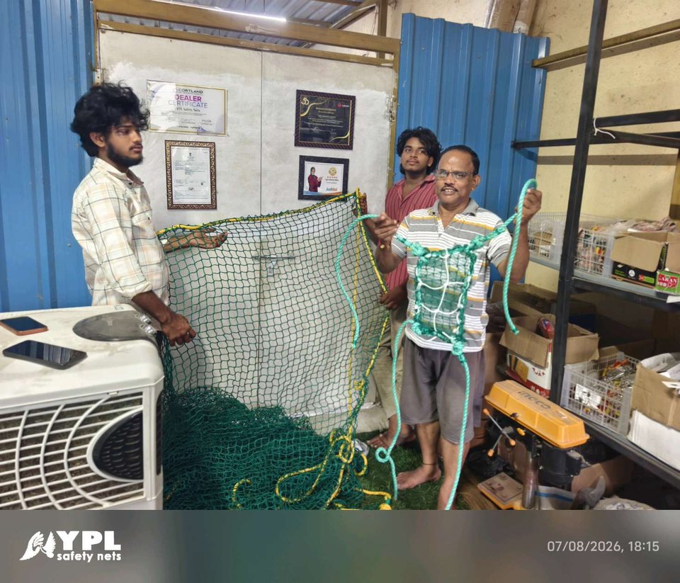 YPL Safety Nets showroom display of finished net samples and installation fittings