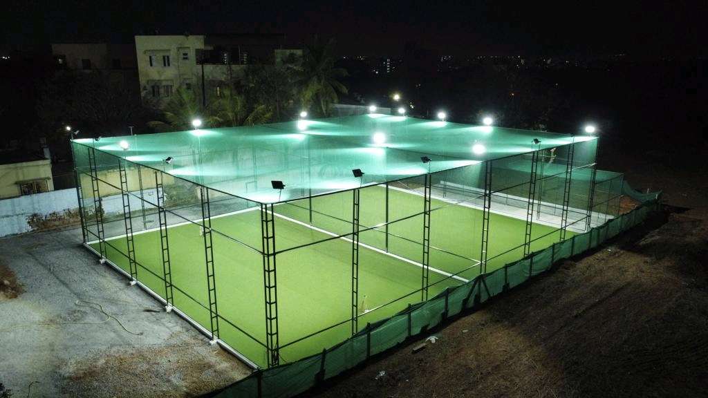 Floodlit sports court enclosed by ball-stop nets for Cricket nets for academy Chennai by YPL Safety Nets Chennai. Floodlit sports court enclosed by ball-stop nets for Cricket nets for academy Chennai by YPL Safety Nets Chennai.