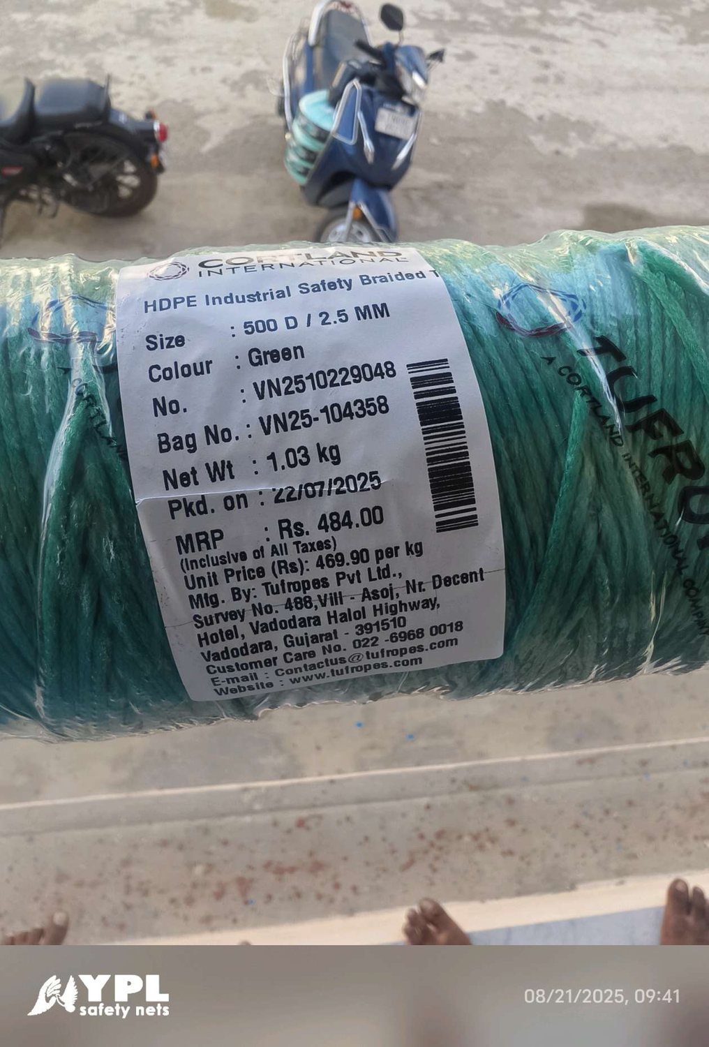 Tufropes 2.5mm HDPE industrial safety braided net label photographed by YPL Safety Nets