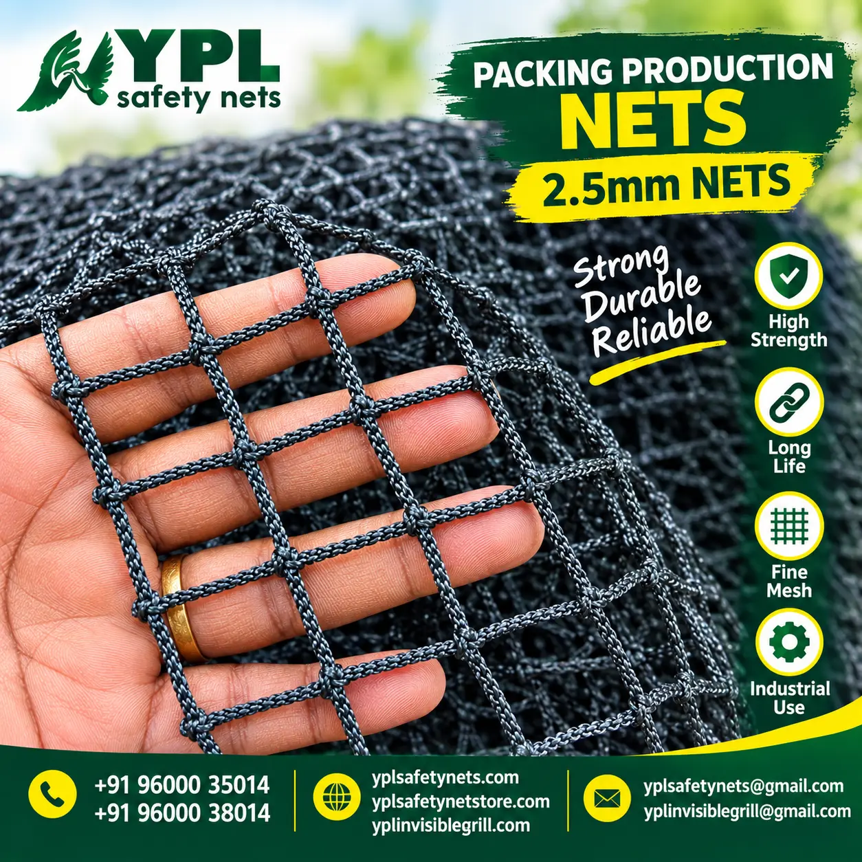 Black 2.5mm industrial packing net for Packing nets Chennai by YPL Safety Nets Chennai. Black 2.5mm industrial packing net for Packing nets Chennai by YPL Safety Nets Chennai.