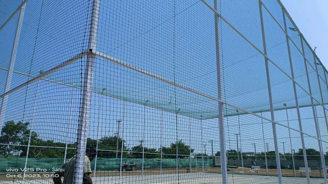 High ball-stop net poles around a sports ground for Cricket turf nets Chennai by YPL Safety Nets Chennai. High ball-stop net poles around a sports ground for Cricket turf nets Chennai by YPL Safety Nets Chennai.