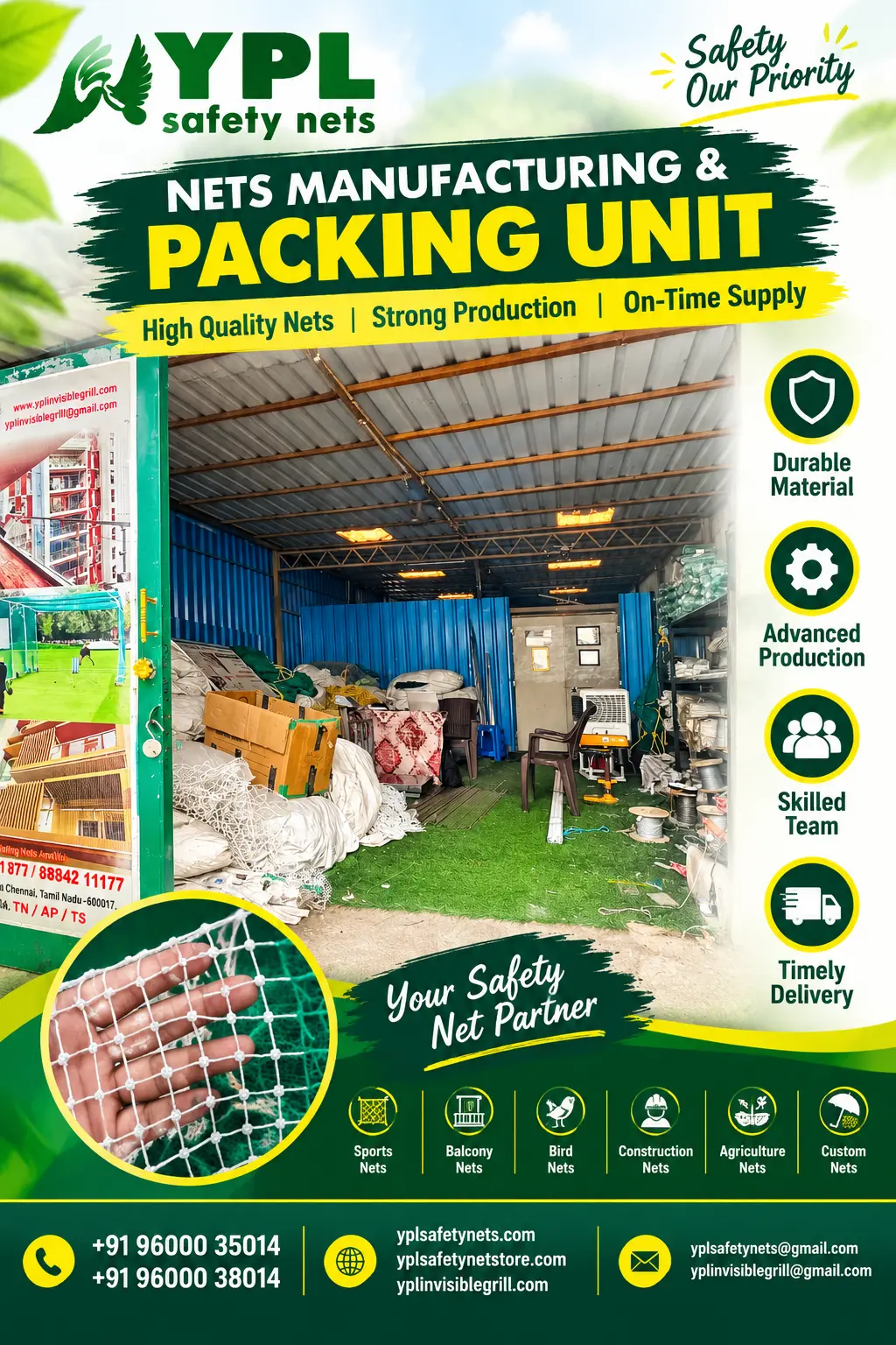 YPL net manufacturing and packing unit for Packing nets Chennai by YPL Safety Nets Chennai. YPL net manufacturing and packing unit for Packing nets Chennai by YPL Safety Nets Chennai.