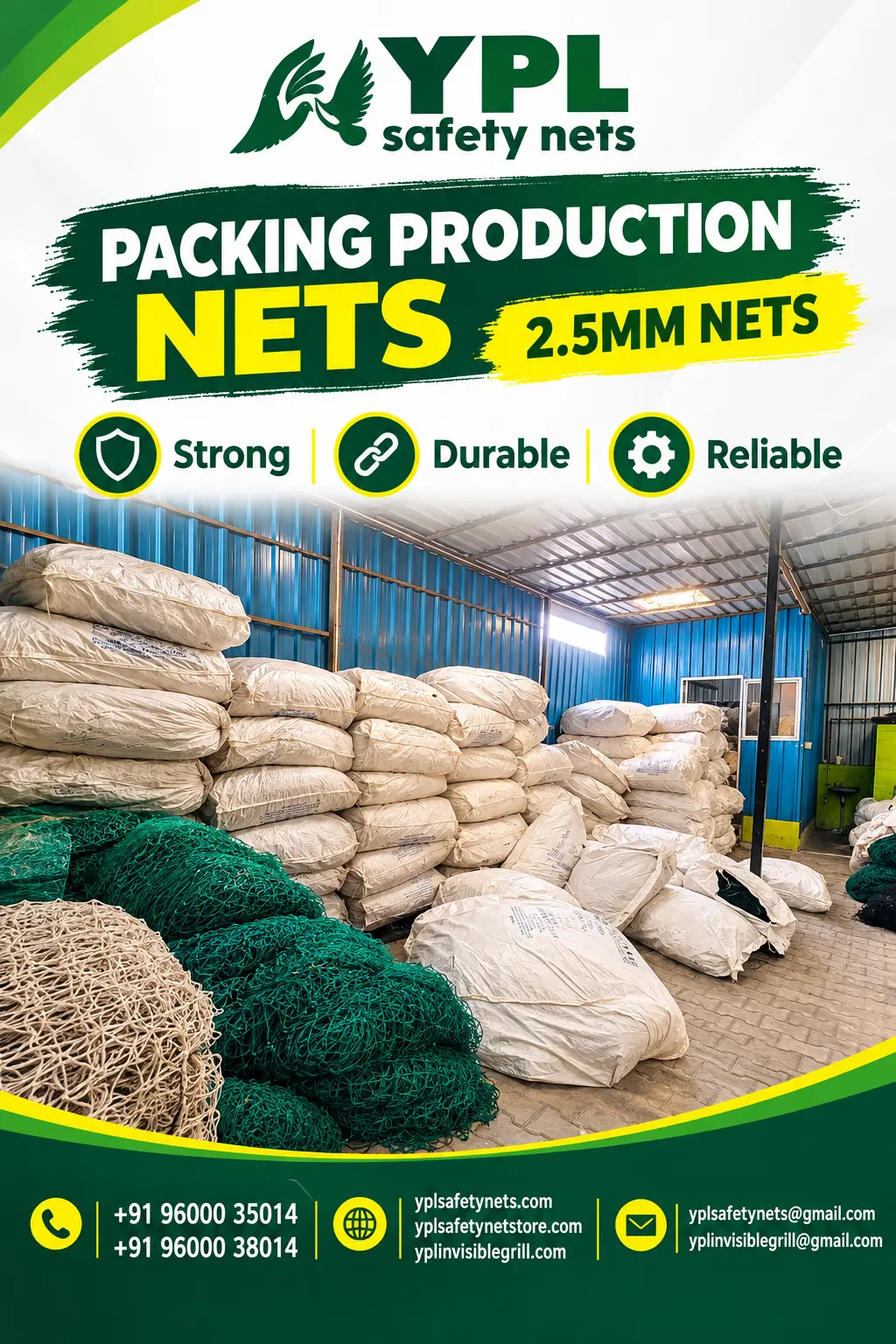 Packing and production net stock for bulk dispatch for Packing nets Chennai by YPL Safety Nets Chennai. Packing and production net stock for bulk dispatch for Packing nets Chennai by YPL Safety Nets Chennai.