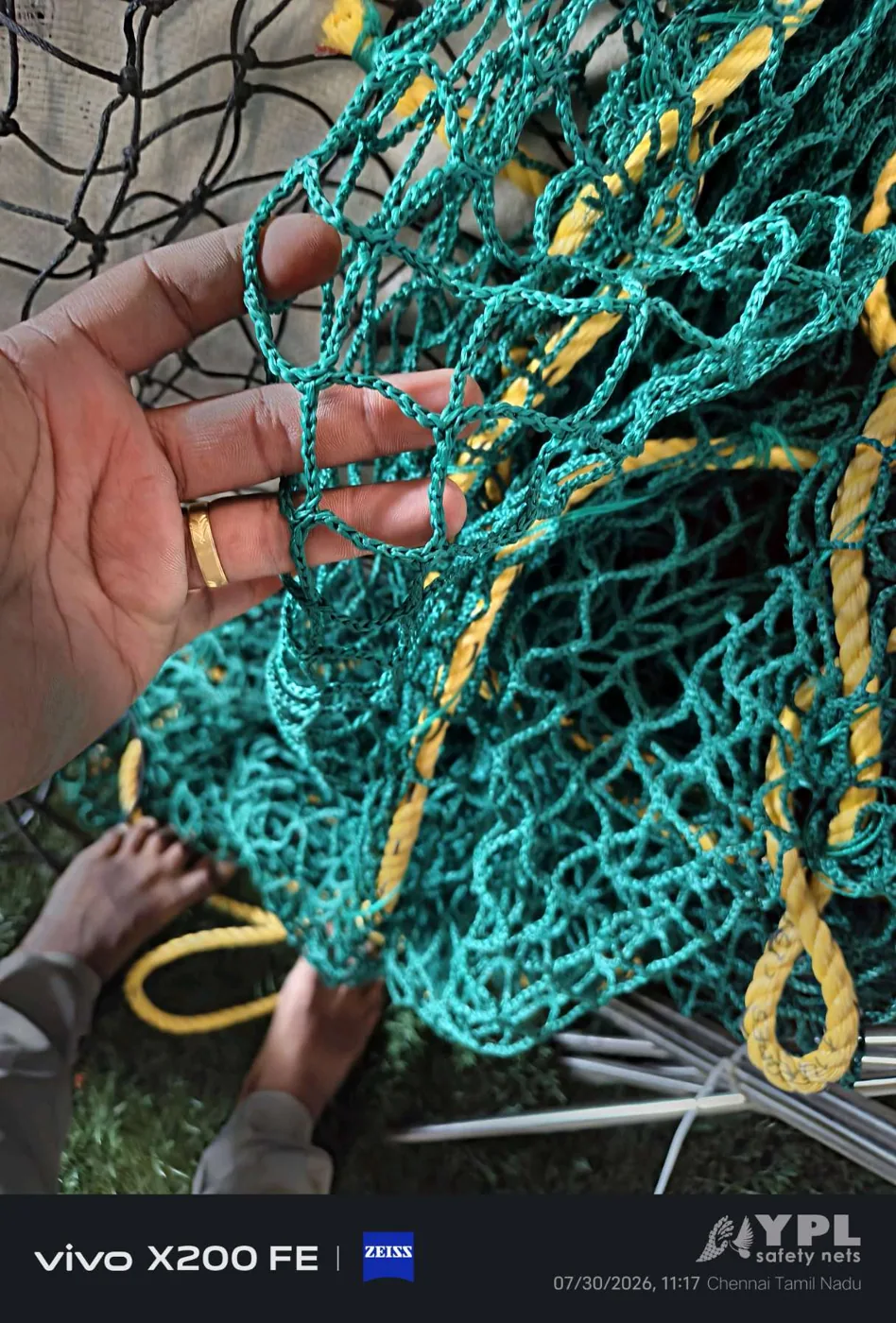 PP rope border stitched on a construction safety net before dispatch by YPL Safety Nets