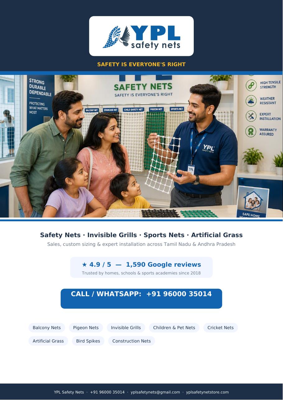 YPL Safety Nets brochure cover — showroom photo, 4.9 star Google rating and contact number +91 96000 35014