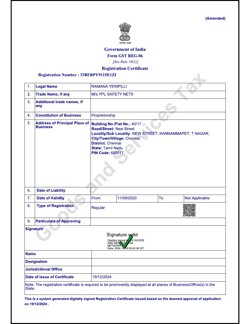 First page of the Government of India GST registration certificate for YPL Safety Nets, GSTIN 33BEBPY9115E1ZI