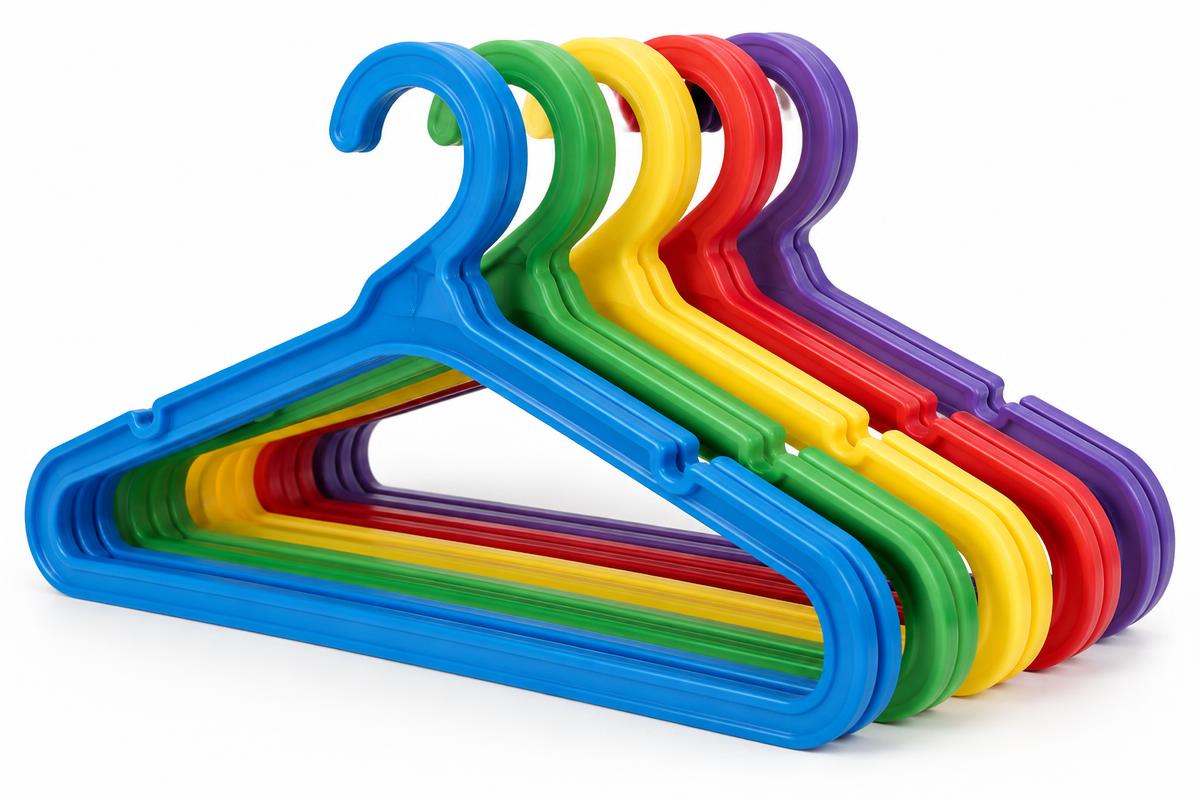 Stack of colourful heavy duty plastic clothes hangers