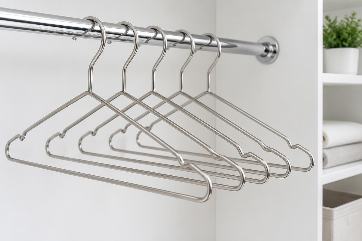 Row of metal wire clothes hangers on a chrome wardrobe rail