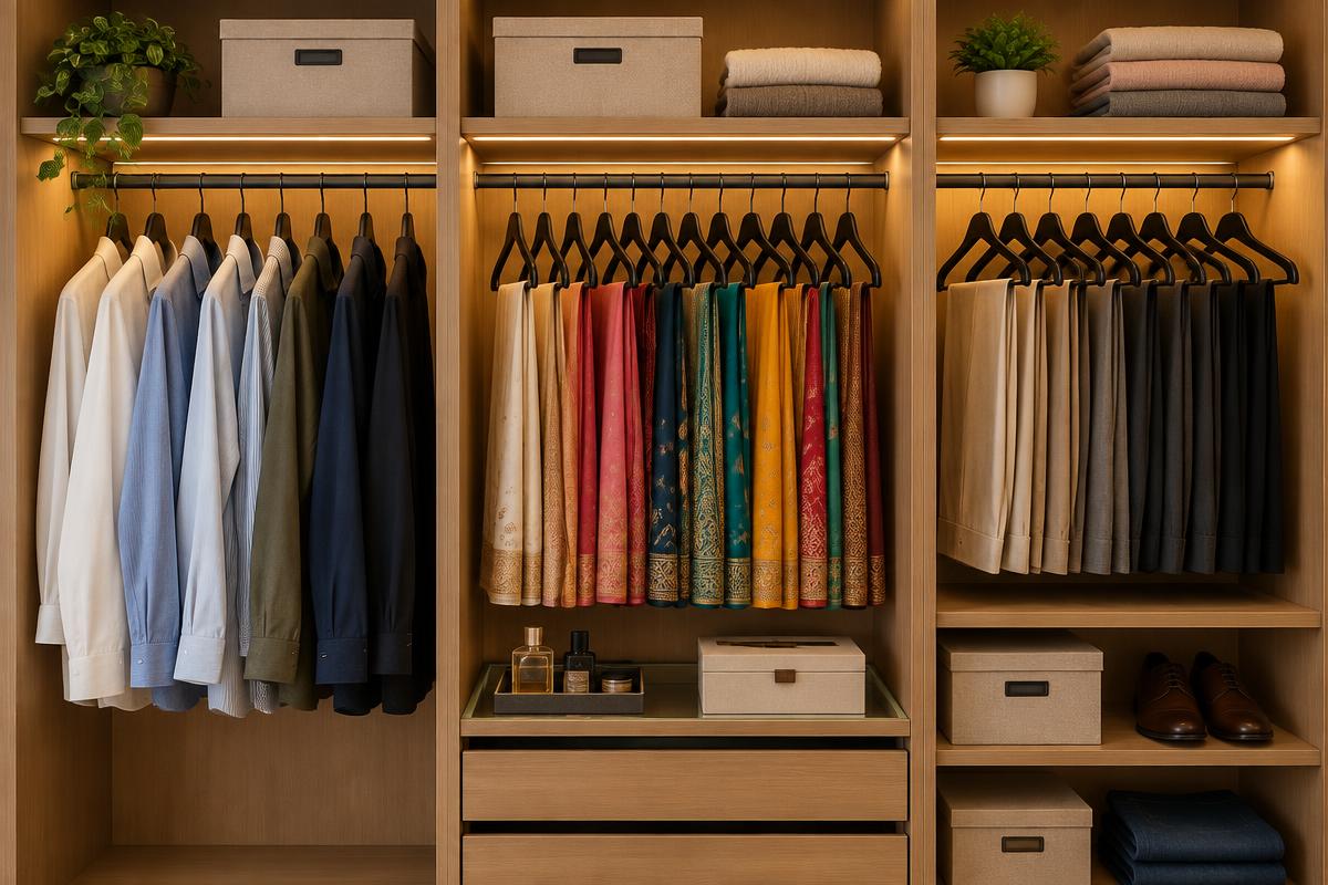 Organised wardrobe with matched cloth hangers holding shirts, sarees and trousers