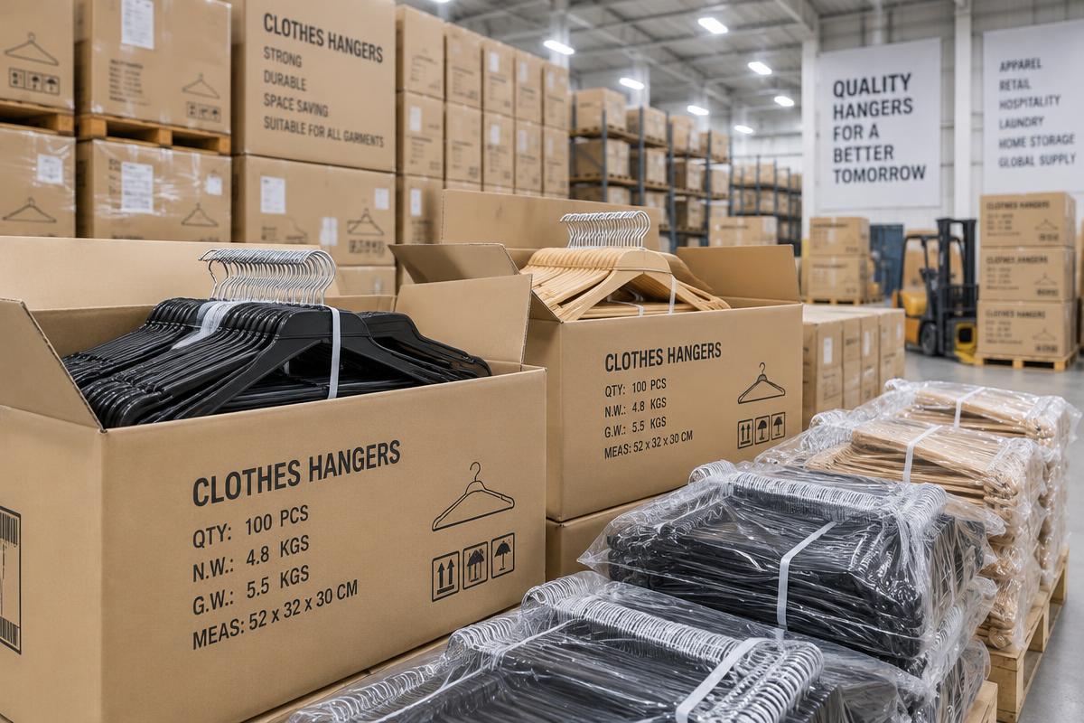 Bundles of heavy duty garment hangers packed for bulk supply