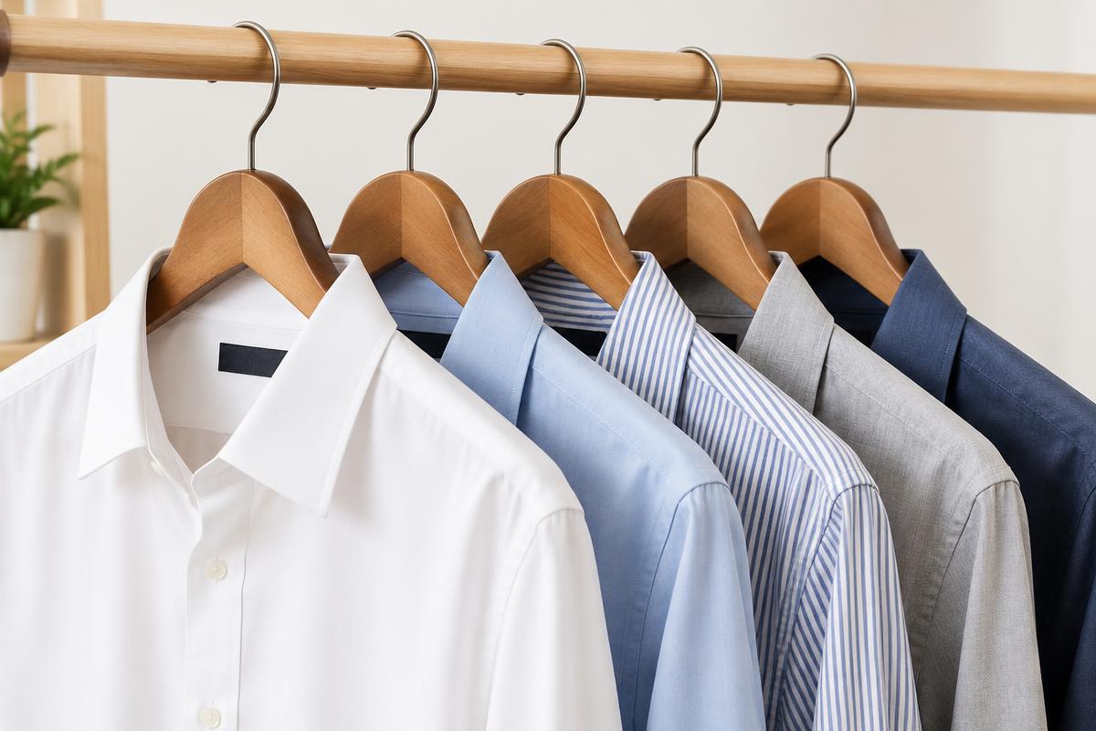 Polished wooden cloth hangers on a wardrobe rail holding pressed shirts